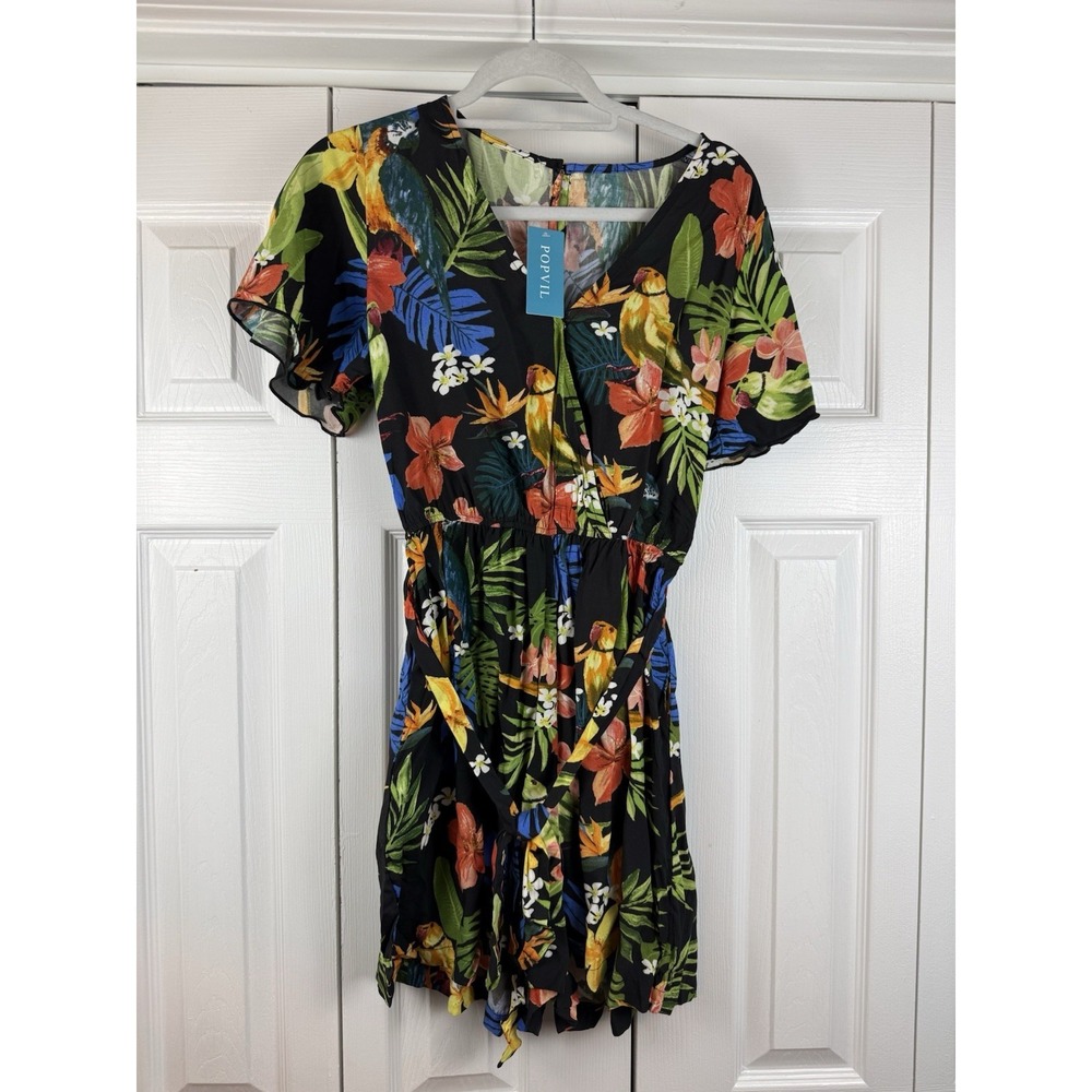 Popvil Tropical Surplice Short Sleeve Romper V Neck Size Med. Bright Colors‎ NWT